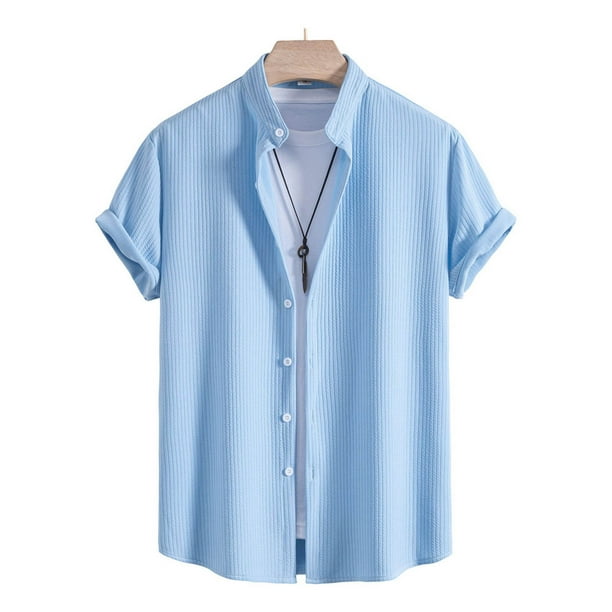 Camisa Elvqul Hombre Casuales de Color Sólido Manga Corta Azul Claro Solapa Abotonada