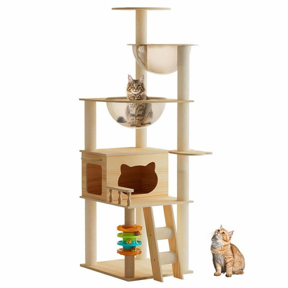 CQSXDA 59 Inch Modern Cat Tower With Wood Construction And Acrylic Hammock For Indoor Cats With Scratching Posts
