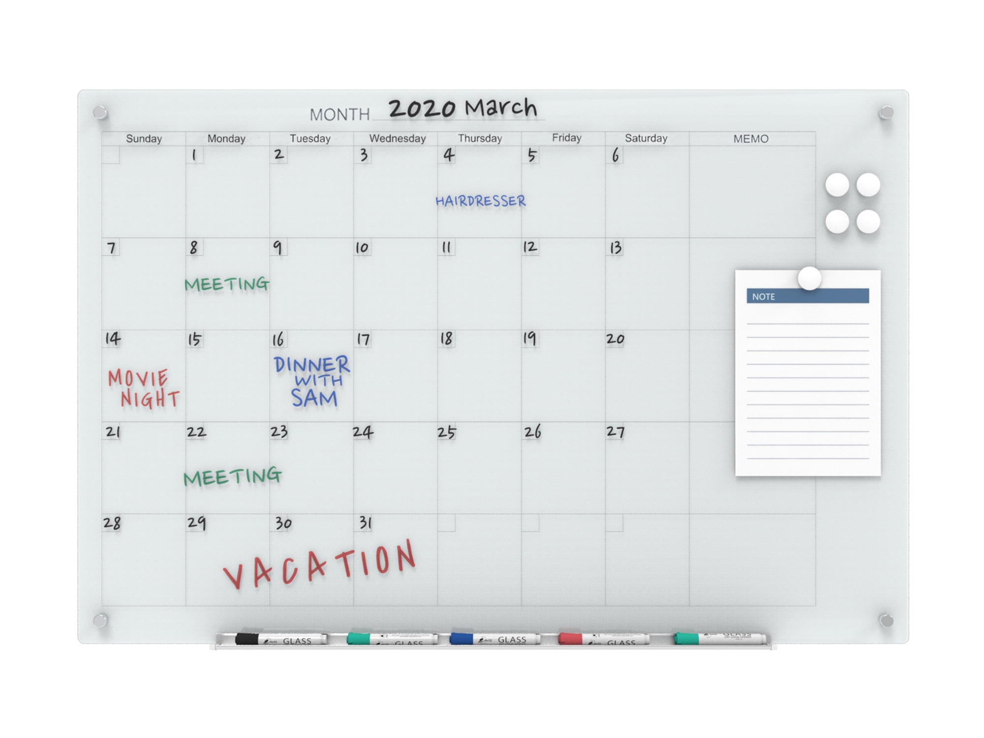 Audio Visual Direct Glass Dry Erase Calendar Whiteboard Set 4 X 3 