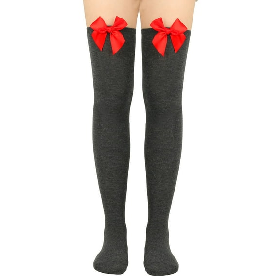 DHFJKG Christmas Socks For Womens Bowknot Solid Color Thigh High Socks Over The Knee Festival Soft Stockings