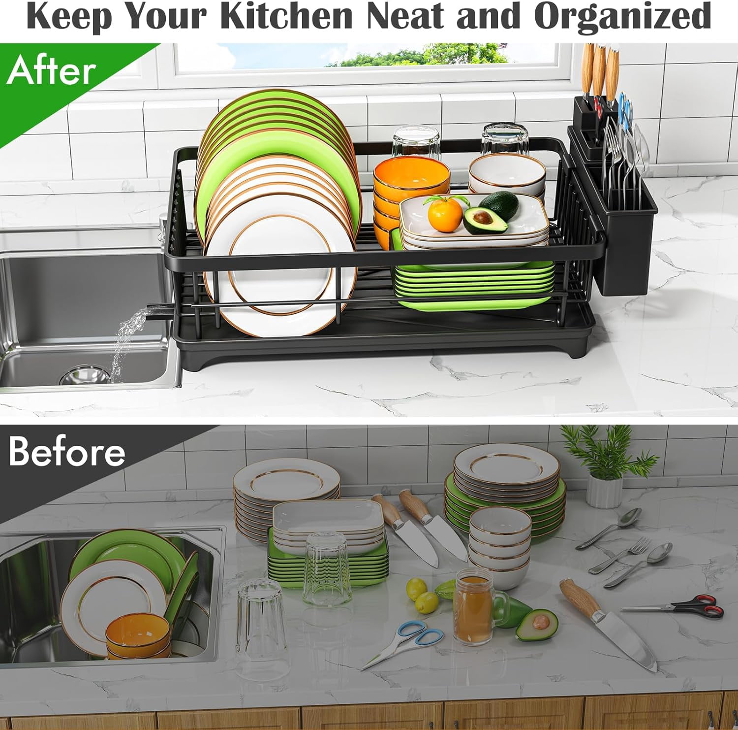 Dish Drying Rack - Space-Saving Small for Kitchen Counter, Rust-Resistant Rack, Compact Drainer Organizer with Utensil Holder Home Kitchen, Black