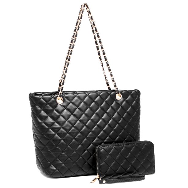 Poppy Women's Classic Quilted Shoulder Bag & Wallet Vagan Leather Metal Chain Strap Tote Handbag 2Pcs-Black -