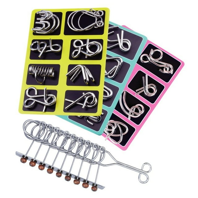 Metal Puzzle Solving Set 40 Wire Brain Teaser Pieces Plus Small Chinese Rings for Adults Spatial Reasoning Memory Pattern Training