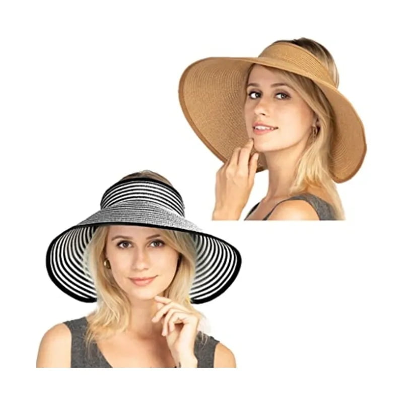 Sun Straw Hat Womens Packable UPF 50 Paper Sun Visor Hat Roll Up Wide Brim Beach Cap 
