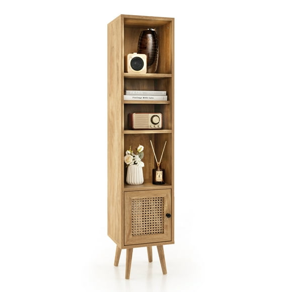 Costway Rattan Storage Cabinet Freestanding Slim Organizer Wood Display Rack Living Room