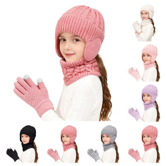SAWOBUUN 3Pcs Kids Winter Earflap Hat Neck Gaiter Glove Set Fleece Lined Cable Knit Touchscreen Gloves Warm Accessories for Boys Girls