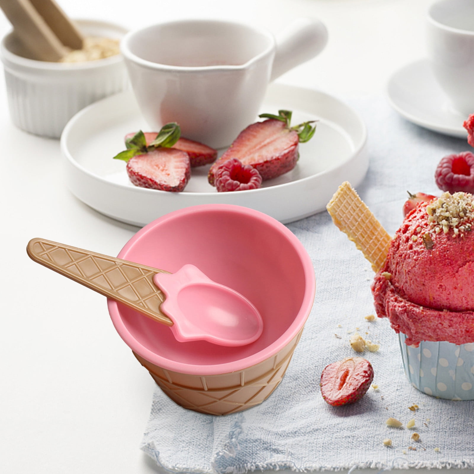 Grofry 1 Set Ice Cream Bowl Eco-Friendly Cartoon Shape Plastic Dessert Yogurt Cup with Spoon for Home Orange