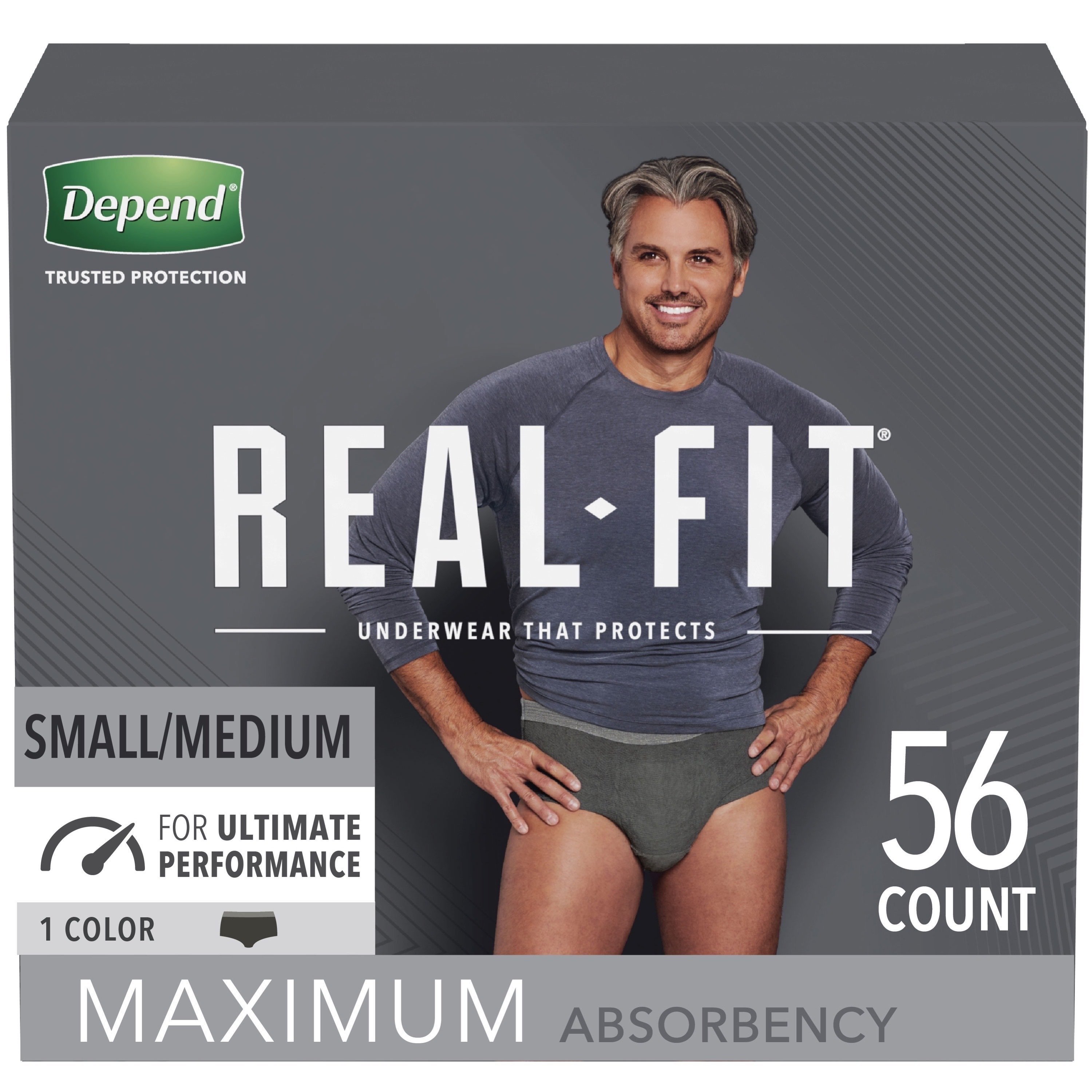 Depend Real Fit Incontinence Underwear for Men, Maximum Absorbency, Small/Medium, Black, 56 Ct (Pack of 2 | Total of 112 ct) - image 1 of 3