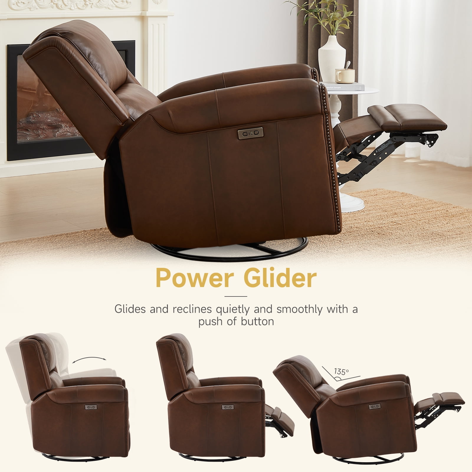L&L LIVING 100% Top Grain Leather Power Recliner with USB and Type-C Charging Port