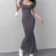 thumbnail image 5 of Gibobby Vestido largo para mujer Vestido ceñido al cuerpo de color sólido para mujer, cuello cuadrado sexy, cintura alta, manga corta, vestido info(Gris oscuro,CH), 5 of 5