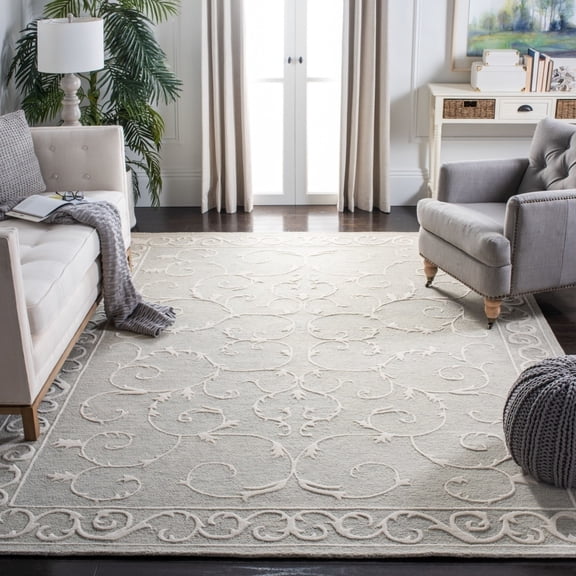 SAFAVIEH Micro-Loop Asteria Floral Bordered Wool Area Rug, Light Grey/Ivory, 5' x 5' Round