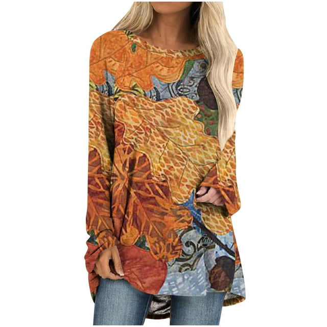 Sweat à Manches Longues Sweat-Shirt à Col Rond Mode Imprimé Casual Chemisiers Hauts Hi-Lo Ourlet Longue Automne Chemises Tunique Tops