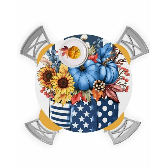 Round Fitted Tablecloths Thanksgiving Blue Pumpkin Sunflower Waterproof Table Cover for Kitchen Dining Party Decor Fall Plant Star Stripe,36"-44"