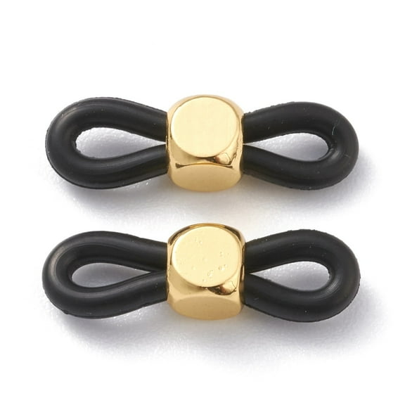 10pcs Eyeglass Holders Glasses Rubber Loop Ends with Cube Brass Beads Black 20x6x5mm