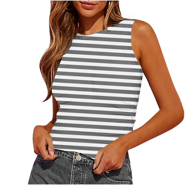 Plebaso Débardeurs Rayés Slim pour Femmes Sans Manches Col Rond Blouses Froncées Été Décontracté Basique Tee Tops
