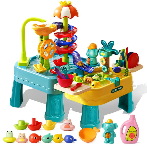 Water Table for Toddlers 1-3, 4-in-1 Outdoor Sand and Water Play Tables with Pump, Summer Kitchen Sink Toy with Fishing Game, Floating Boat, Sensory Gifts for Kids Ages 3-8