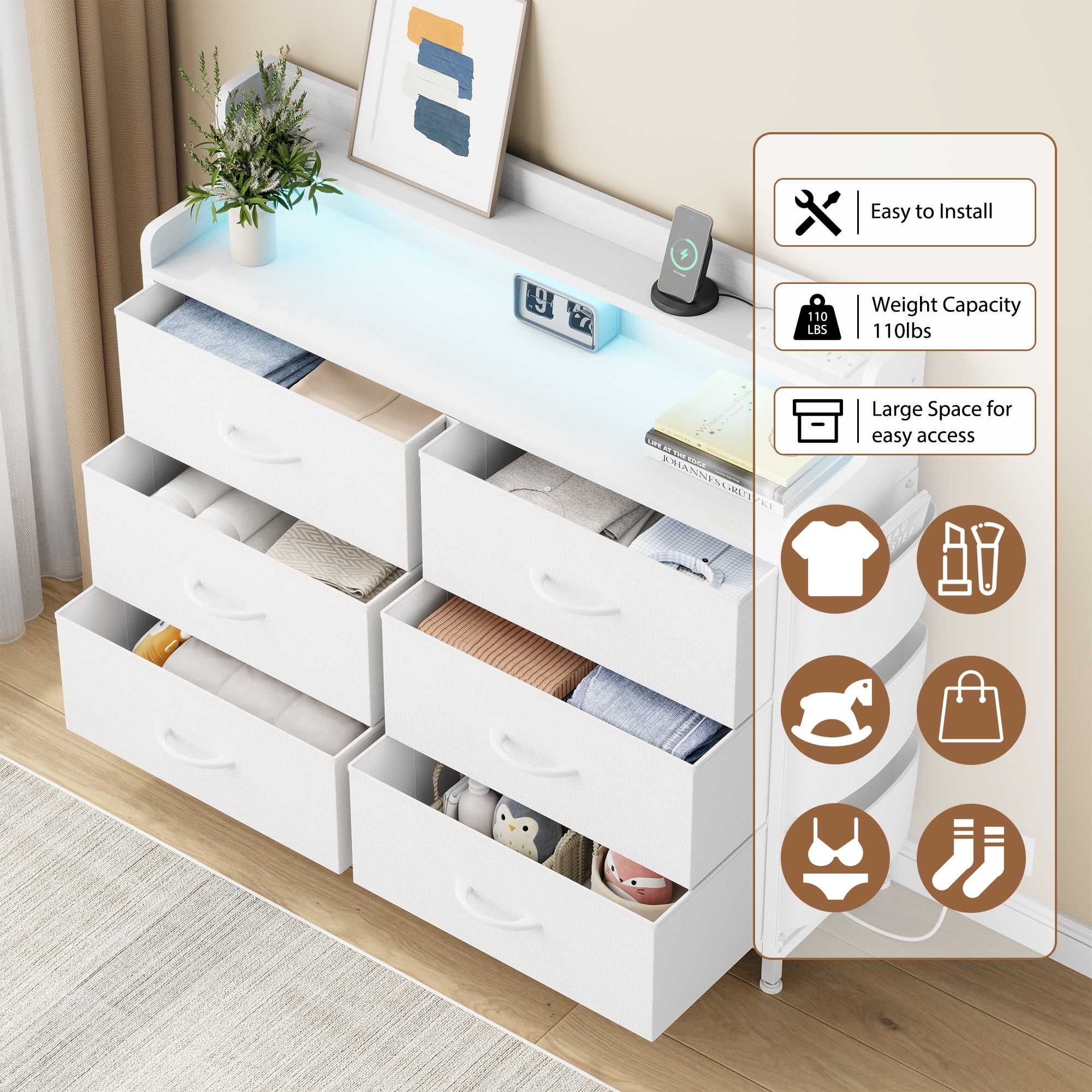 GIKPAL White Dresser for Bedroom 6 Drawers - Fabric Dressers for Bedroom with LED Light & Charging Station - Chest of Drawers for Living Room Hallway Closet,White