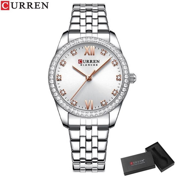 CURREN Simple Slim Stainless Steel Quartz Wristwatches for Women  Luxurious Sparkling Rhinestone Dial Dress Watches Ladies