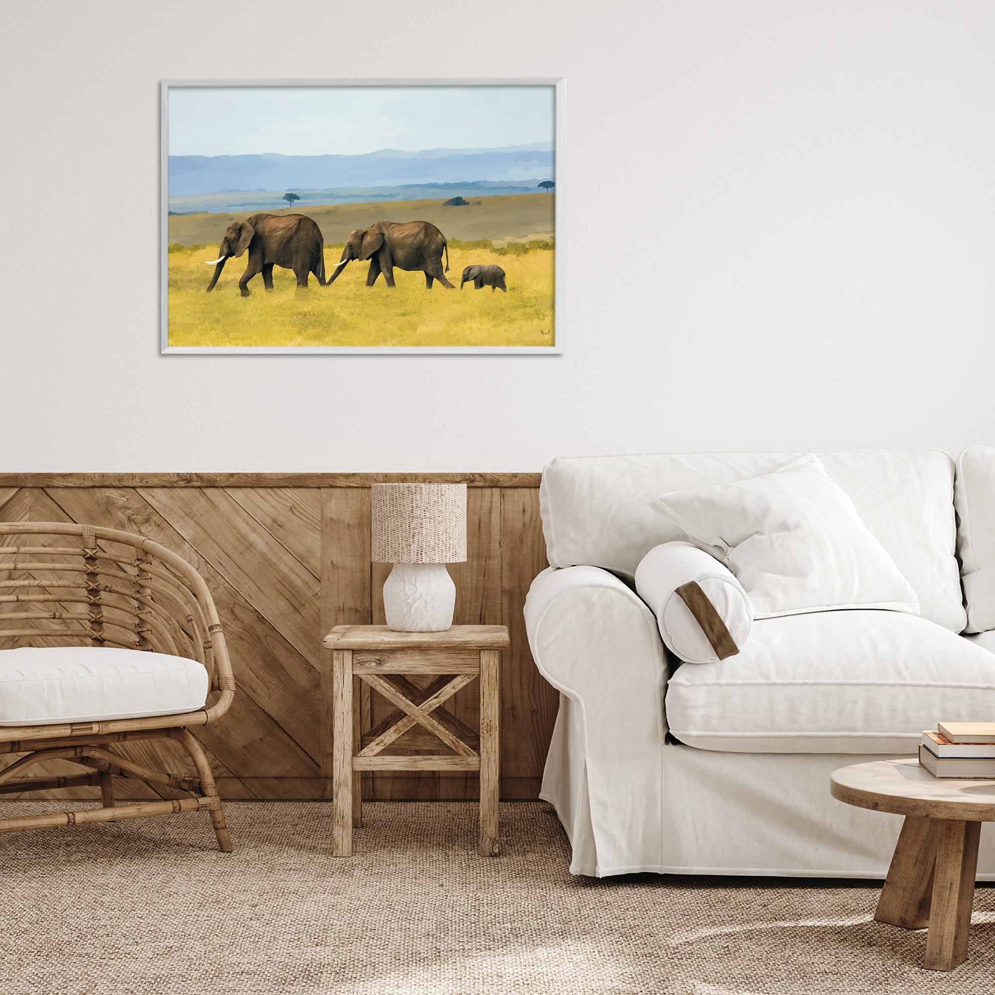 Stupell Industries Elephants In The Grassland White Framed Giclee Art, design by Renel Peters