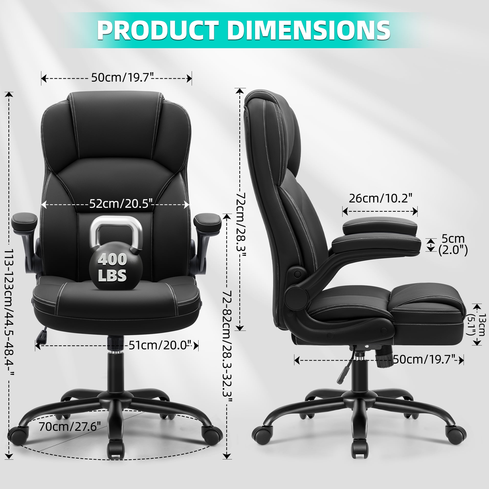 COOLHUT Bige and Tall Executive Office Chair 400lbs, Ergonomic PU Leather Computer Desk Chair with Flip-Up Armrests, Comfy Heavy Duty Office Chair for Home Office Gaming, Black
