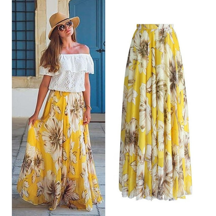 Women Skirt Hippie Printing Hight Waist Maxi Skirt Pleated Beach Long ...