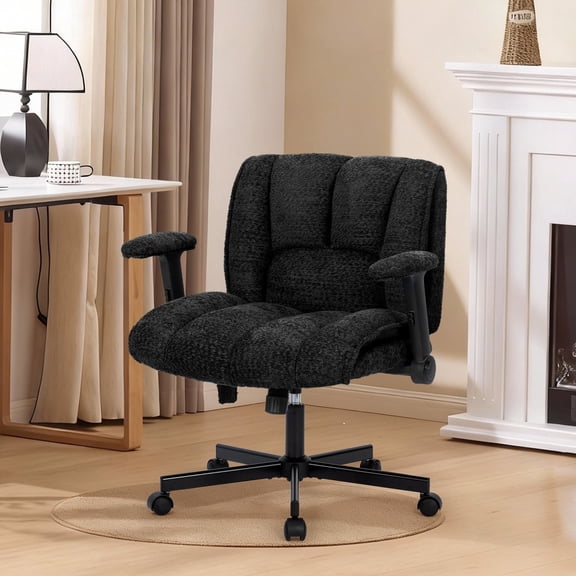 Criss Cross Chair with Dynamic Lumbar Support, Fabric Cross Legged Office Chair with Flip Arms and Wheels, Wide Swivel Vanity Chair for Home Office, Study, Makeup Room