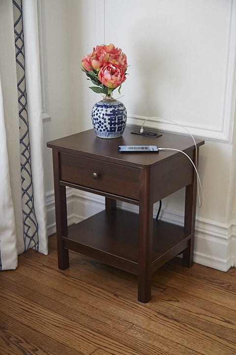 DecorTech Traditional Rectangular End Table with AC Power and USB Charging Ports, Walnut