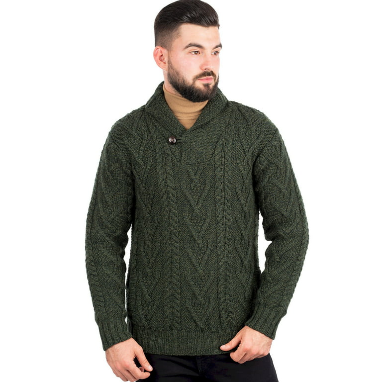 Saol Mens Aran Cable Shawl-Collar Cardigan - Charcoal Green / Large