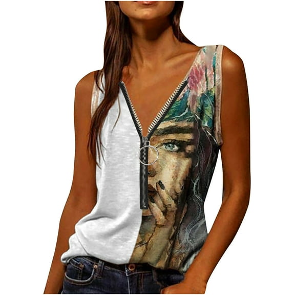 Ichuanyi Women's Ladies V Neck Zipper Tops Casual Printing T-Shirt Sleeveless Blouse Vest