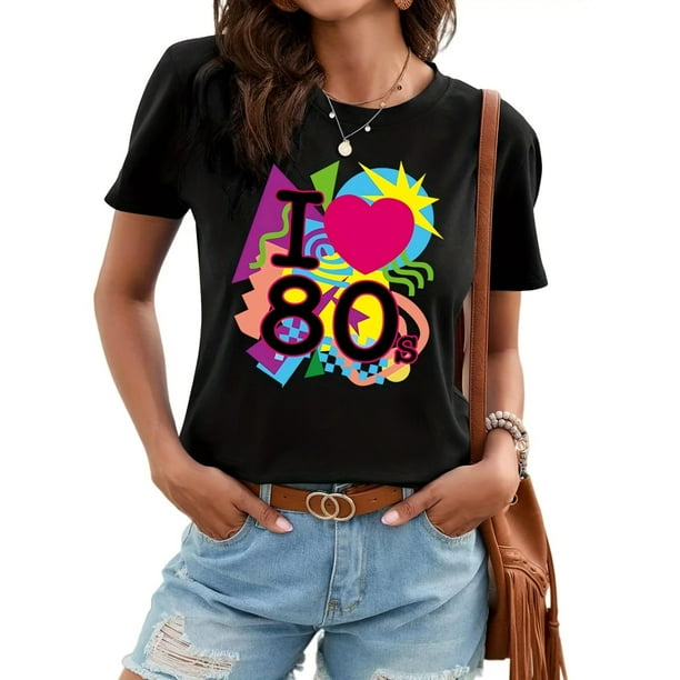 Camiseta vintage de los 80 para mujer, con estampado del alfabeto, cuello redondo, informal, para verano