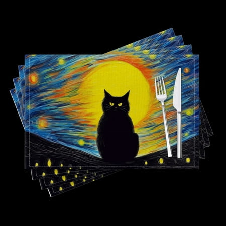 

BaHomeck placemats Set of 4 Black Cat Sitting In Front Of The Yellow Sun Cotton Linen rectangle Placemats for Kitchen Dining Table Indoor Outdoor 18*12inch