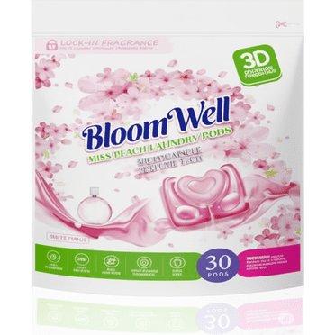 BloomWell Laundry Detergent Pods – Miss Peach Scent, 30 Count – Deep Clean for Sensitive Skin, HE-Compatible