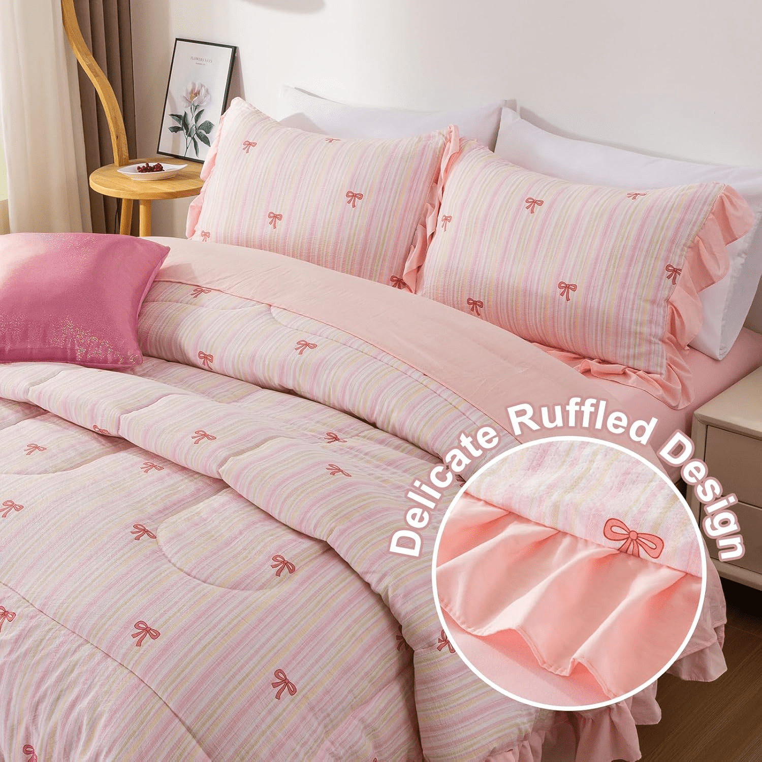Btargot 6 Piece Rainbow Stripe Bows Comforter Set Twin Ruffle Princess Girl Bedding Set Bed in a Bag