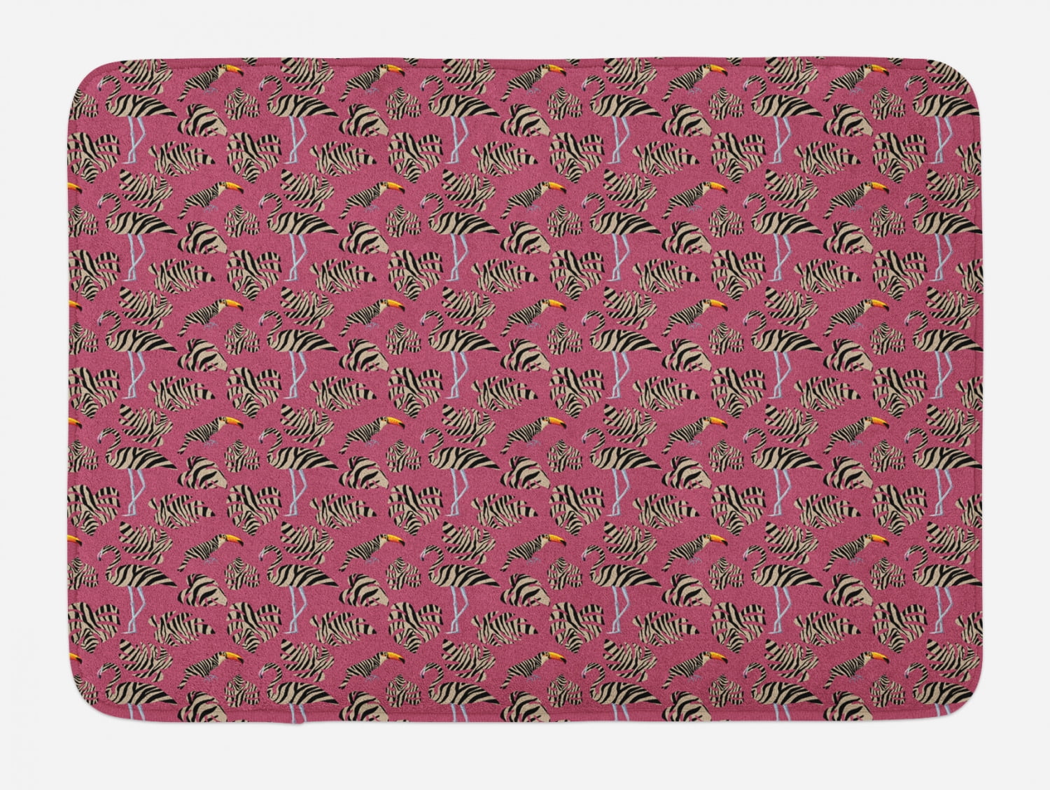 Pink Zebra Bath Mat, Flamingos Toucans Large Tropical Leaves in Zebra