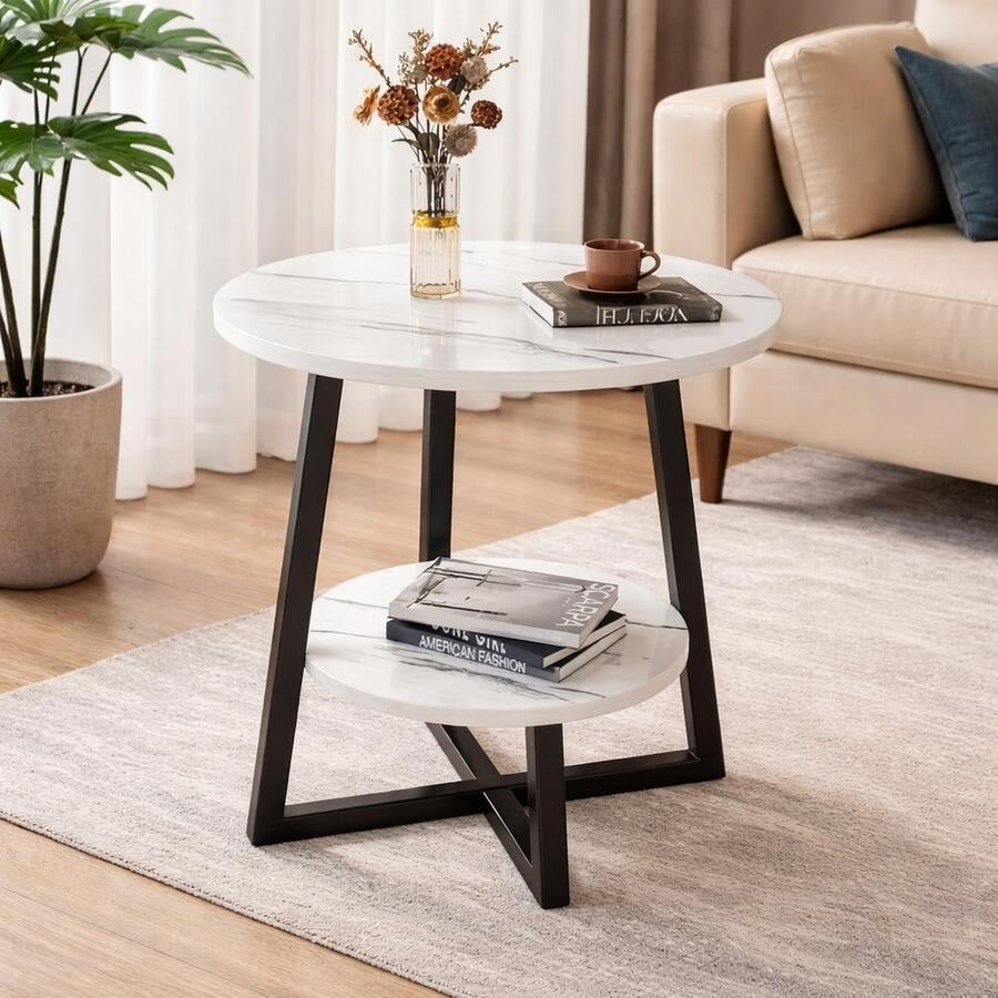 Modern 2‑Tier Metal Coffee Table With Storage Shelves Compact Round Side Table for Living Room Balcony or Bedroom White Marble Top 3 Color Options Minimalist Versatile Furniture for Small‑Space