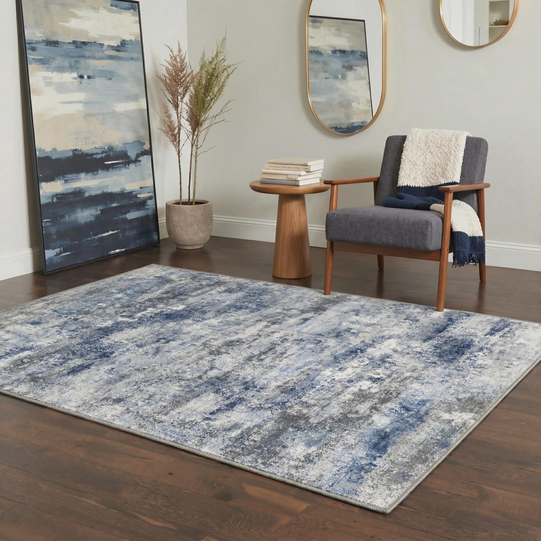 Runner Rug Non Slip 2x7  Washable For Hallways Kitchen Abstract Modern Rugs Low Pile Lightweight Carpet Runners Entryway Bedroom Laundry Haze Blue
