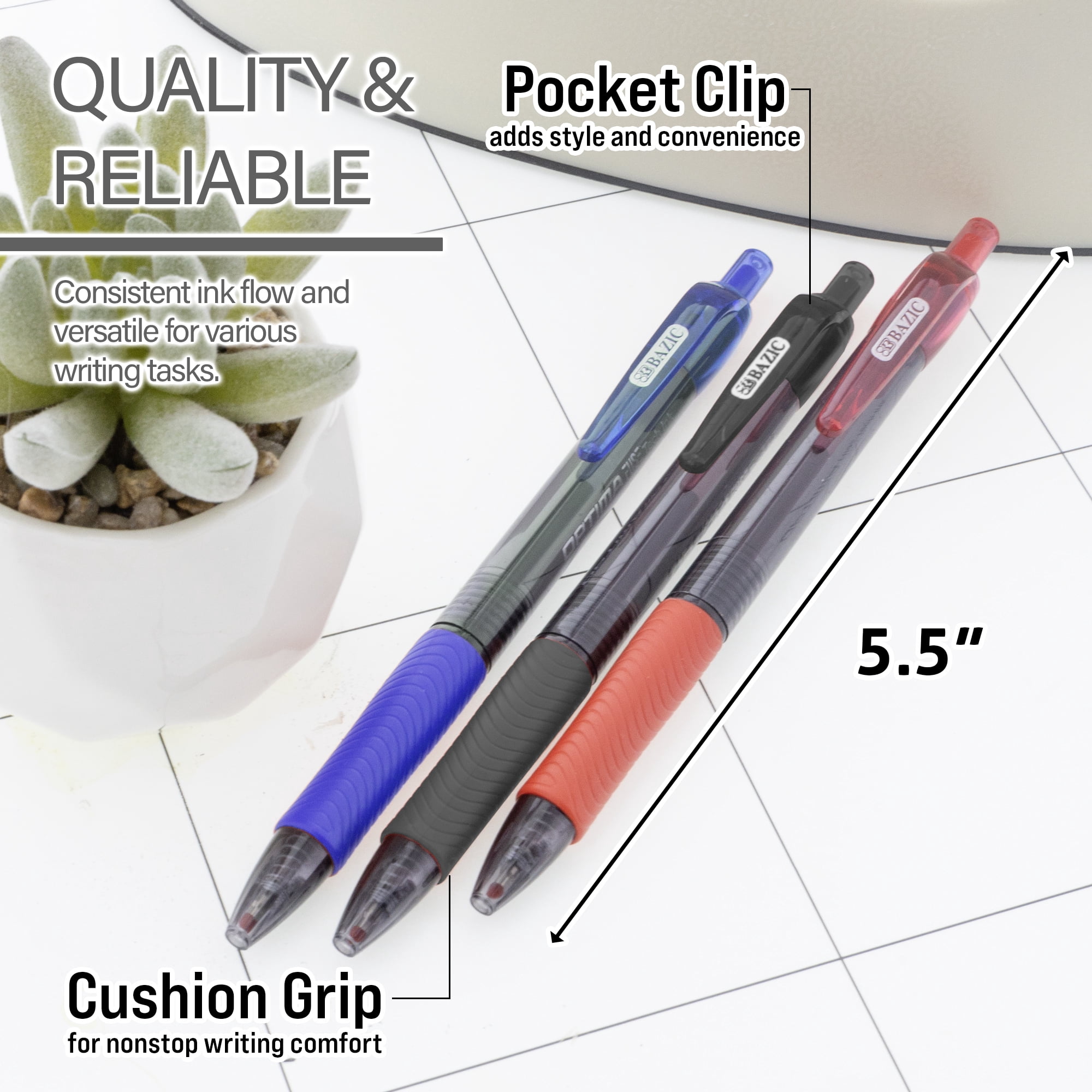 BAZIC Optima Assorted Color Oil Gel Ink Retractable Pen, 0.7 mm, (3/Pack), 24-Pack