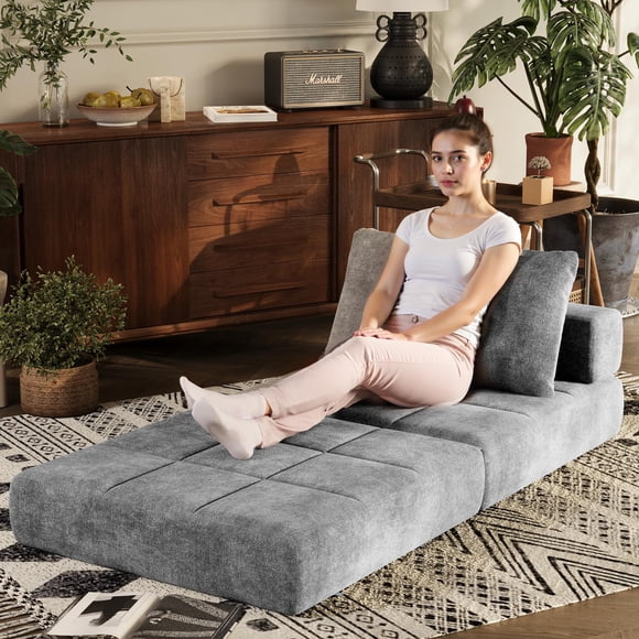 Homall Folding Sofa Bed, Convertible Sleeper Sofa Couch with Headrest & Lumbar Pillow, Chenille Fabric Chair Bed, Single Futon Mattress for Living Room, Apartment, Office (Gray)