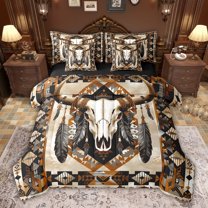 jejeloiu Bull Skull 7-Piece Bedding Comforter Set,Boho Bohemian Style King Bedding Sets For Men Women Reversible