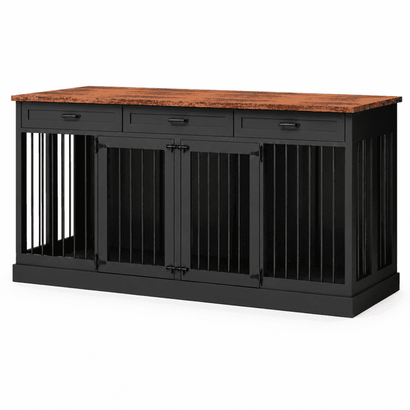 70.9" Large Dog Crate Furniture, Wooden Double Dog Kennel Cabinet with 3 Storage Drawers and Removable Divider for Medium and Large Dogs