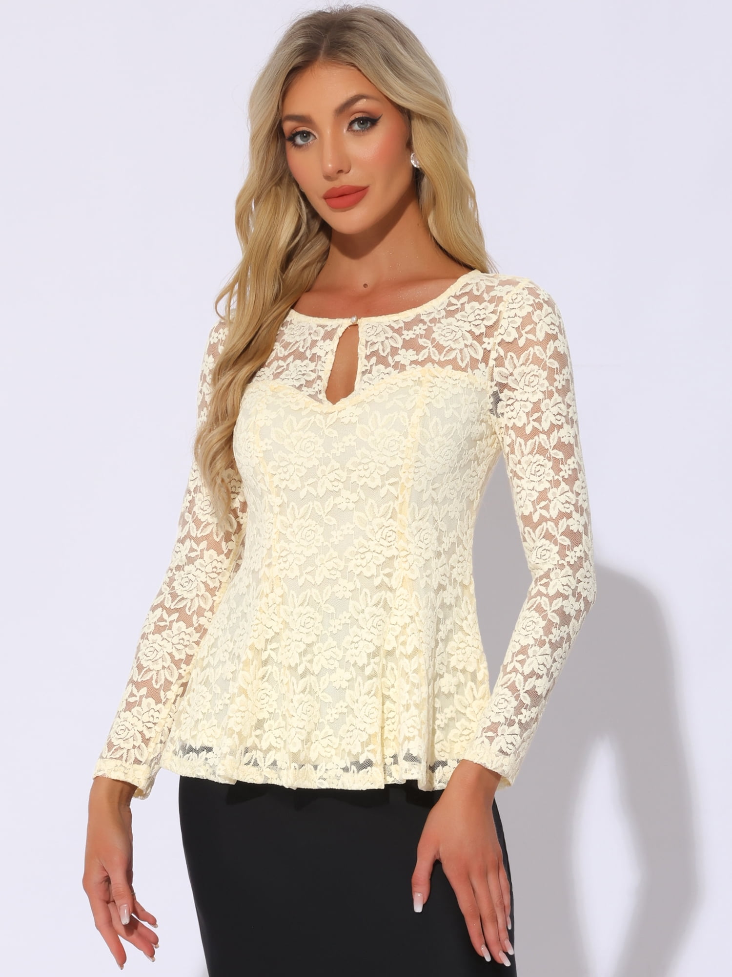 DARING DIVA Lace Peplum Tops Elegant Floral Lace Blouse XS Apricot