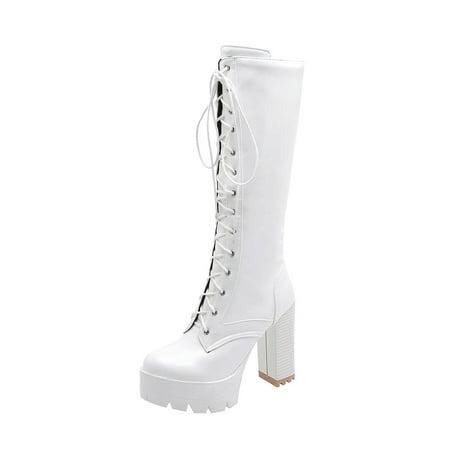 hopeusnice Women s Lace Up Platform Boots Chunky Heel Knee High Boots Faux Leather Buckle Boots Fall Winter Warm Comfortable Shoes White 38