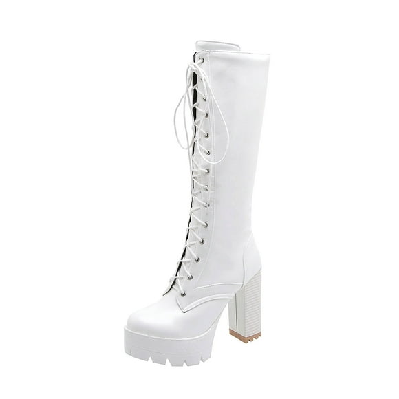 hopeusnice Women's Lace Up Platform Boots Chunky Heel Knee High Boots Faux Leather Buckle Boots Fall Winter Warm Comfortable Shoes White 39
