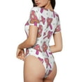thumbnail image 3 of KLL Women 's Crew Neck Bodysuit Jumpsuits Purple Mushroom Print Short onesies Stretch T Shirts, 3 of 7
