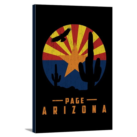 Page, Arizona - Cactus & State Flag - Badge - Lantern Press Artwork (24x36 Gallery Wrapped Stretched Canvas)