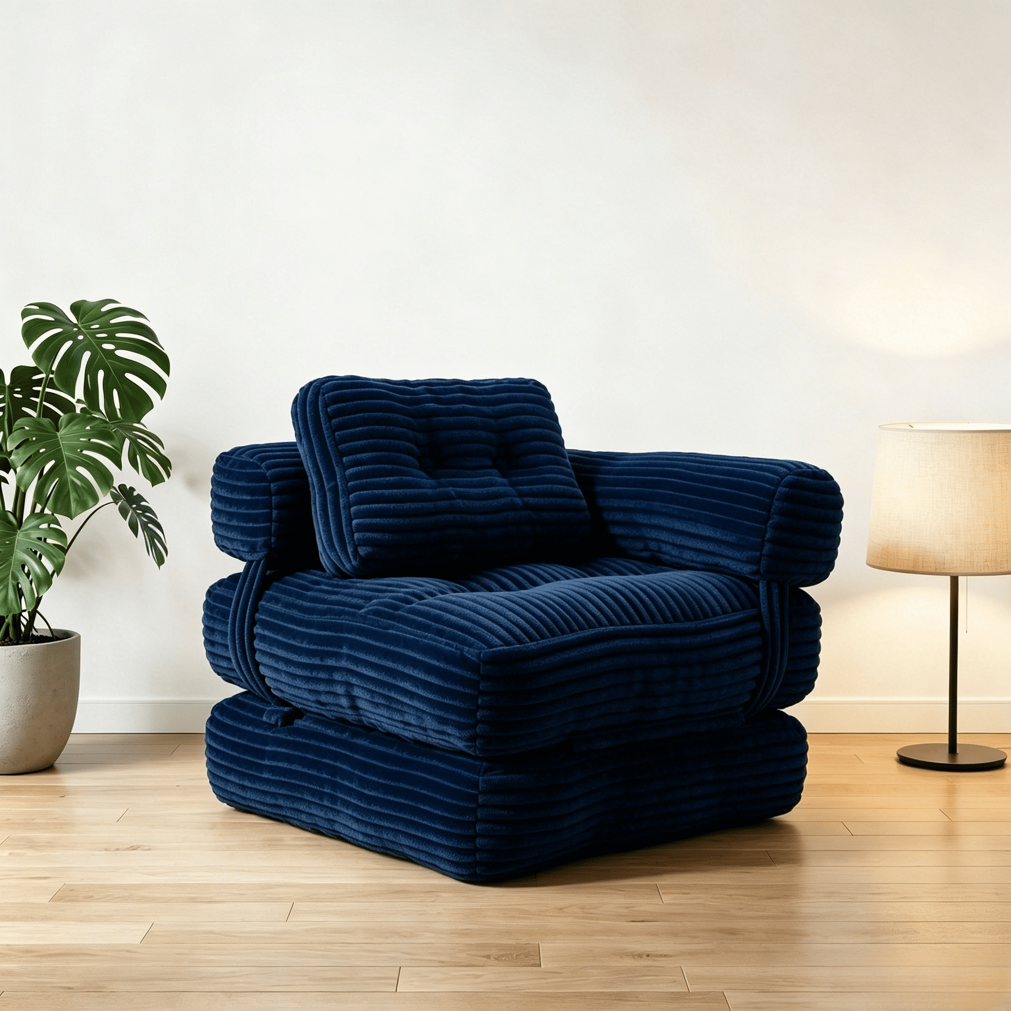 Howcool Corduroy Folding Sofa Bed,3 in 1 Convertible Sleeper Chair with Pillow & L-shaped Lumbar Pillow,Boneless Floor Sofa Couch Lounge Chair for Living Room Dorm,Navy