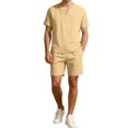 thumbnail image 6 of Migroa Men's 2 Pieces Linen Set Henley Shirt Short Sleeve And Drawstring Casual Track Shorts Beach Clothes Vacation Matching Suit Summer Wear Beige L, 6 of 8