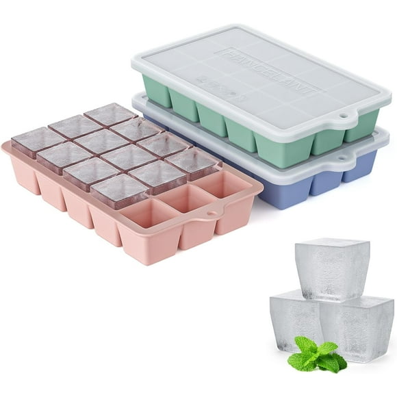 Plateau à Glaçons en Silicone, Lot de 3 - Plateau à Glaçons à Démoulage Facile avec Couvercle, Plateaux à Glaçons Sans BPA pour Congélateur, Moule à Glaçons pour Cocktail, Whisky (Menthe+rose+bleu)