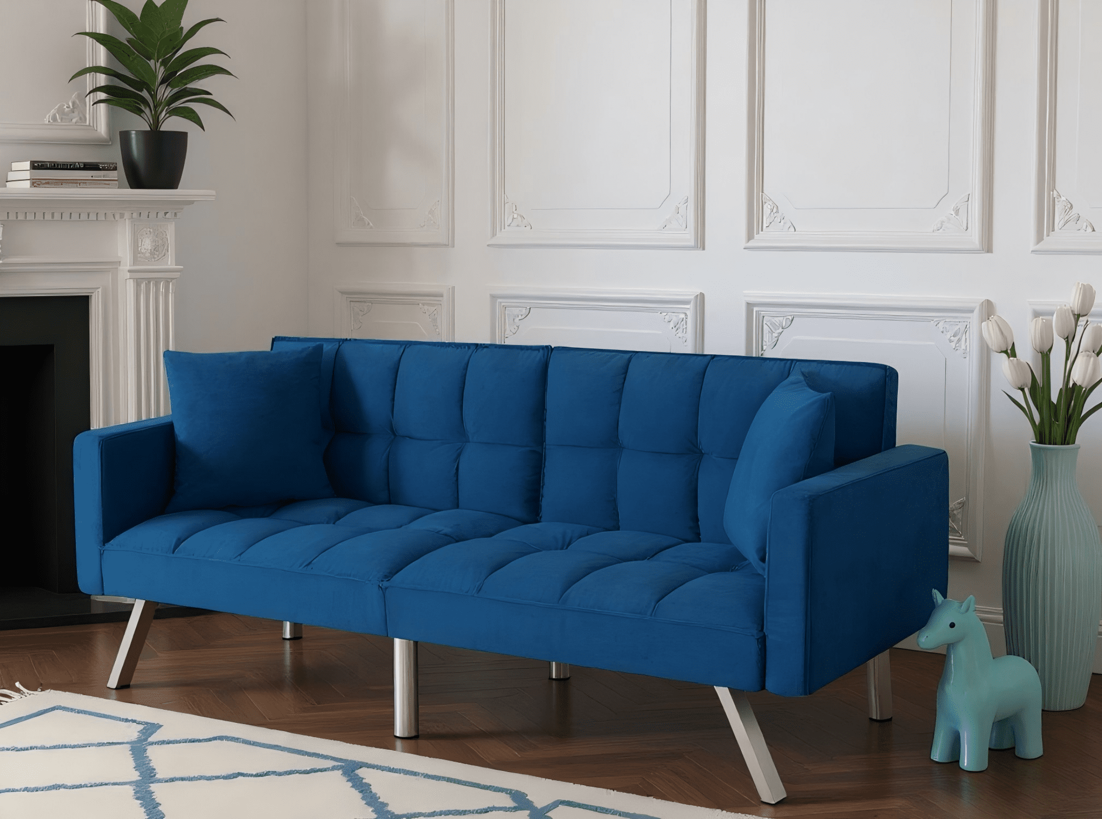 Gewnee 74"Velvet Upholstered Modern Convertible Futon, Adjustable Folding Sofa Bed, Guest Bed for Living Room, Bedroom, Apartment (Navy Blue)