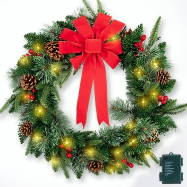 24" Pre-Lit Christmas Wreath Decorations with 70 Lights and PVC Branches, Artificial Christmas Wreaths for Front Door, Battery-Operated, with Pine Cones and Ribbons, Green and Red
